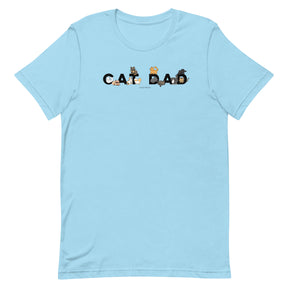 Introducing the Cat Dad Tee by Sassy Woof—a light blue unisex t-shirt crafted from 100% cotton for maximum comfort. Featuring a classic crew neckline and short sleeves, this shirt showcases the words “Cat Dad” across the chest, with each letter cleverly illustrated in different playful cartoon cat poses.