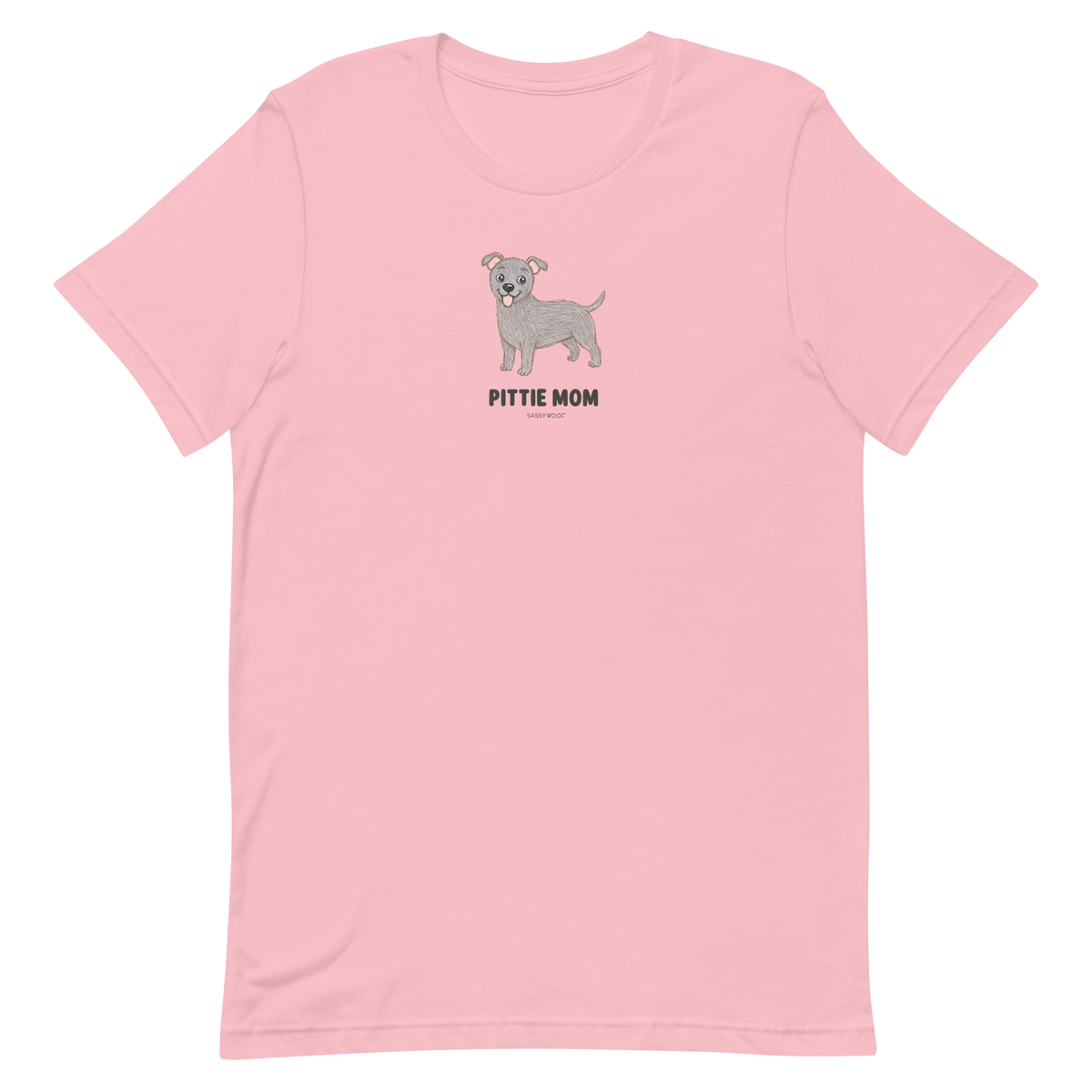 The Pittie Mom Tee by Sassy Woof is a light pink unisex shirt with a cute gray pit bull and bold "Pittie Mom" text centered on the chest—perfect for proud pitbull moms and dog lovers.