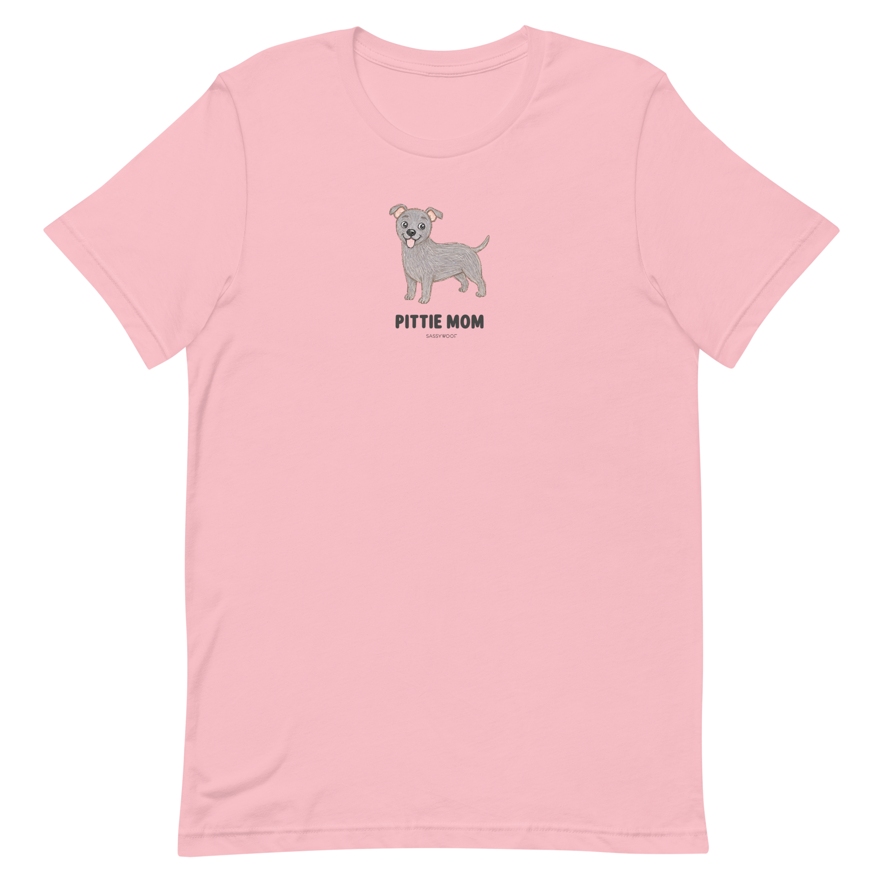 The Pittie Mom Tee by Sassy Woof is a light pink unisex shirt with a cute gray pit bull and bold "Pittie Mom" text centered on the chest—perfect for proud pitbull moms and dog lovers.