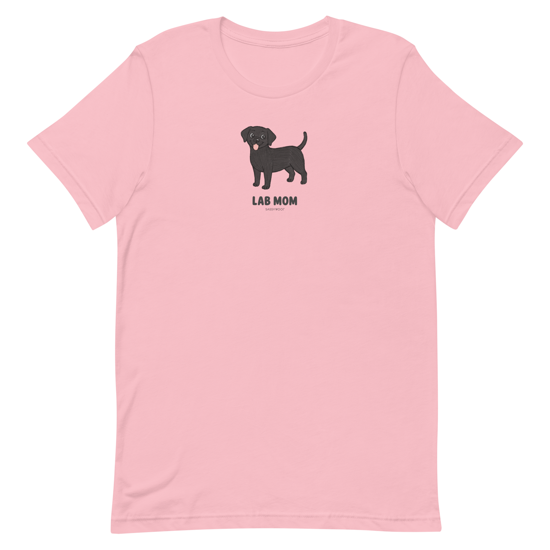 The Sassy Woof Lab Mom Tee is a light pink unisex shirt with a black Labrador retriever illustration above bold "LAB MOM" text—ideal for any proud pet parent.