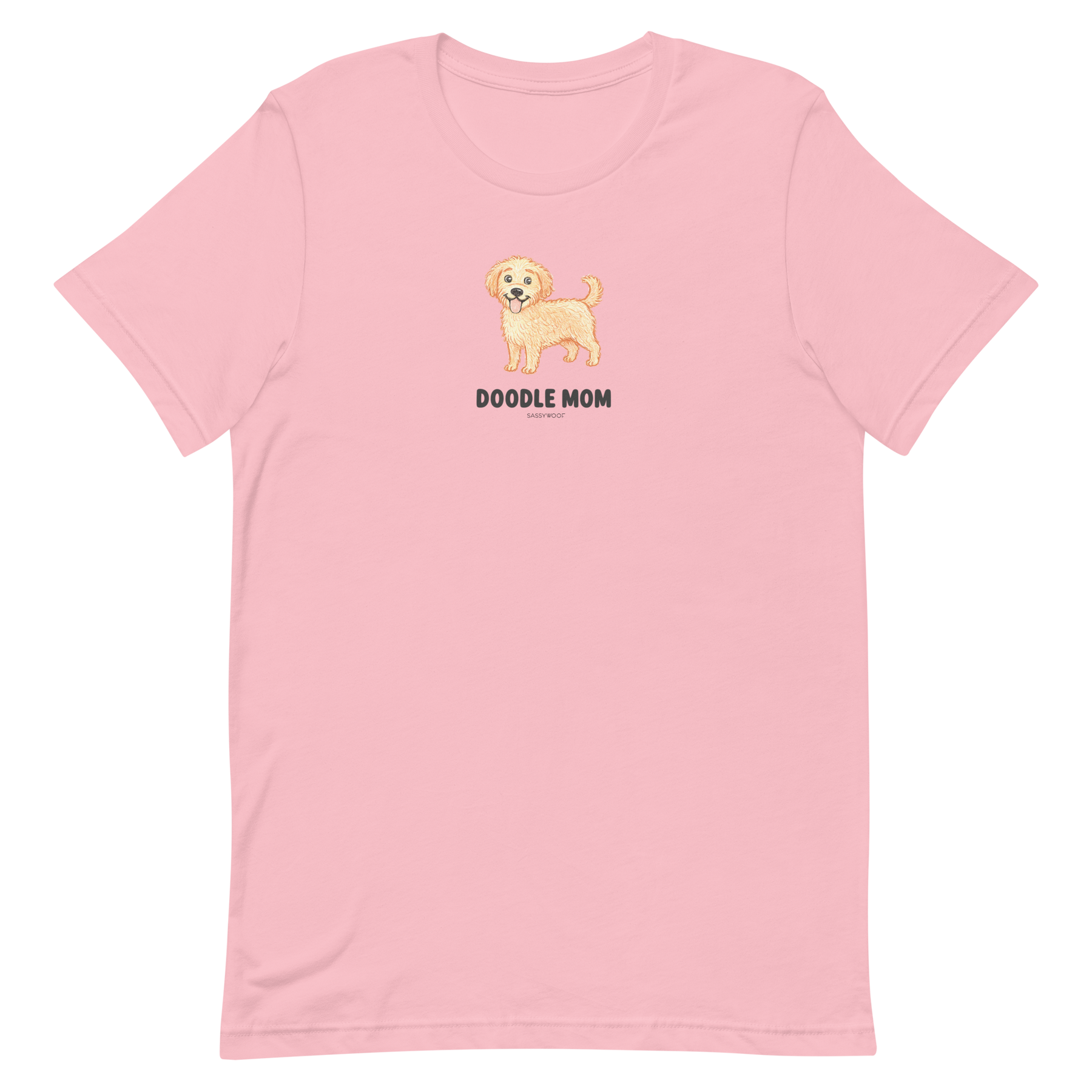 The Sassy Woof Doodle Mom Tee is a light pink unisex shirt with a smiling doodle dog graphic and bold “DOODLE MOM” text—perfect for any proud Doodle Mom.