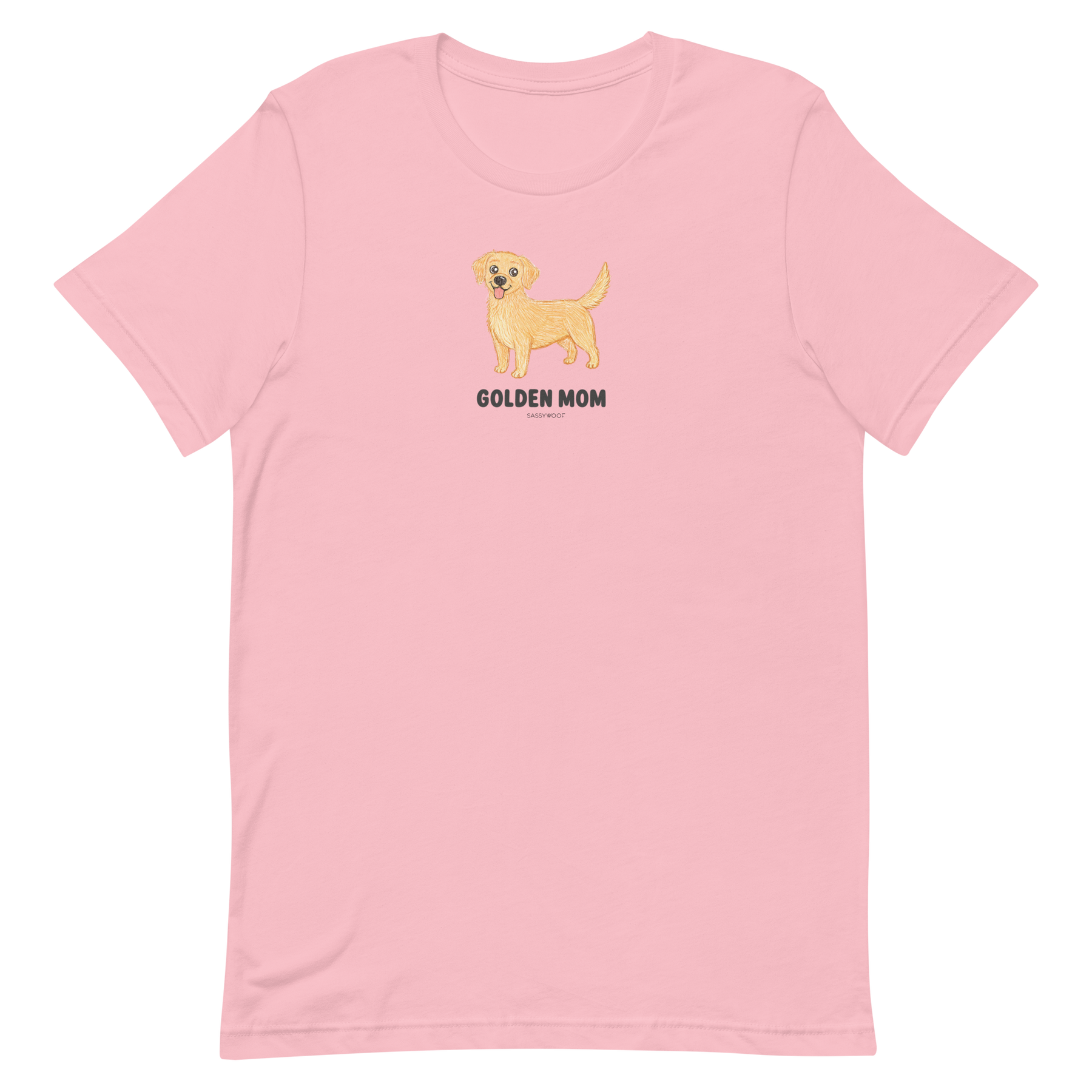The Golden Mom Tee by Sassy Woof is a light pink unisex dog shirt with a cute golden retriever illustration and bold "GOLDEN MOM" text—an ideal addition to any breed t-shirt collection.
