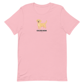 The Golden Mom Tee by Sassy Woof is a light pink unisex dog shirt with a cute golden retriever illustration and bold "GOLDEN MOM" text—an ideal addition to any breed t-shirt collection.