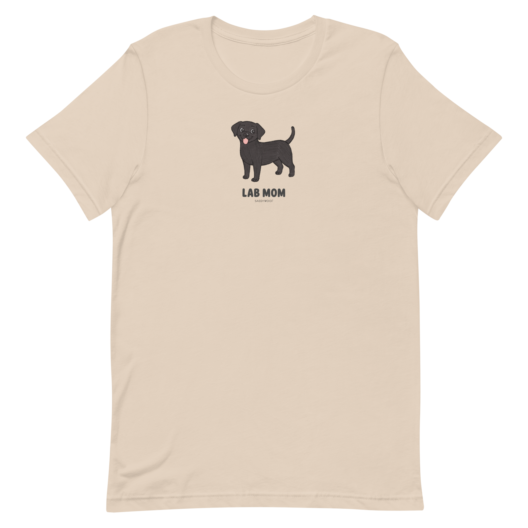 The Sassy Woof Lab Mom Tee is a beige unisex shirt with a cartoon black Labrador above "LAB MOM" in bold letters—perfect for Lab lovers.