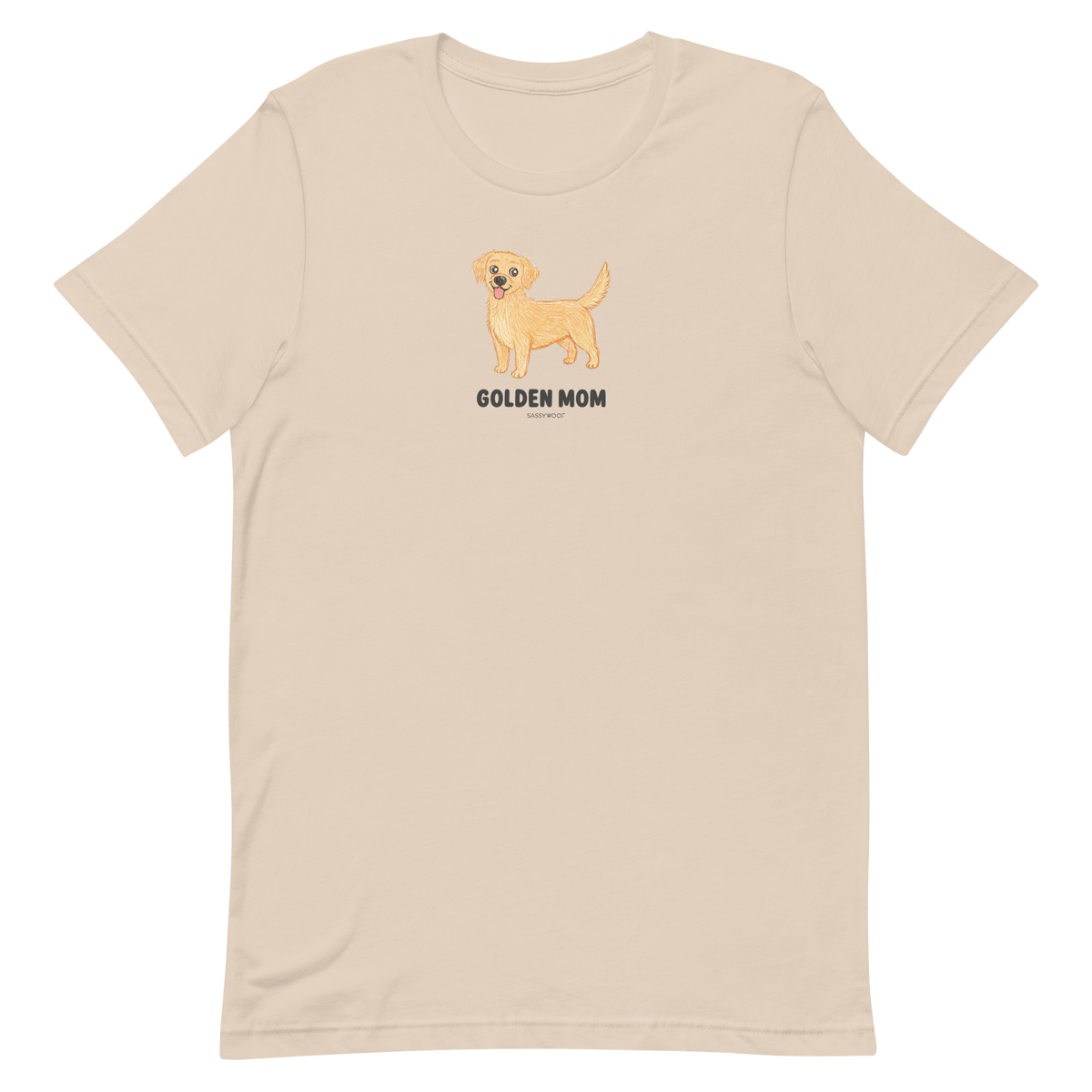 The Golden Mom Tee by Sassy Woof is a beige shirt with a golden retriever illustration and "GOLDEN MOM" text on the front. This unisex tee is perfect for proud pet parents and makes a great gift for golden retriever lovers.