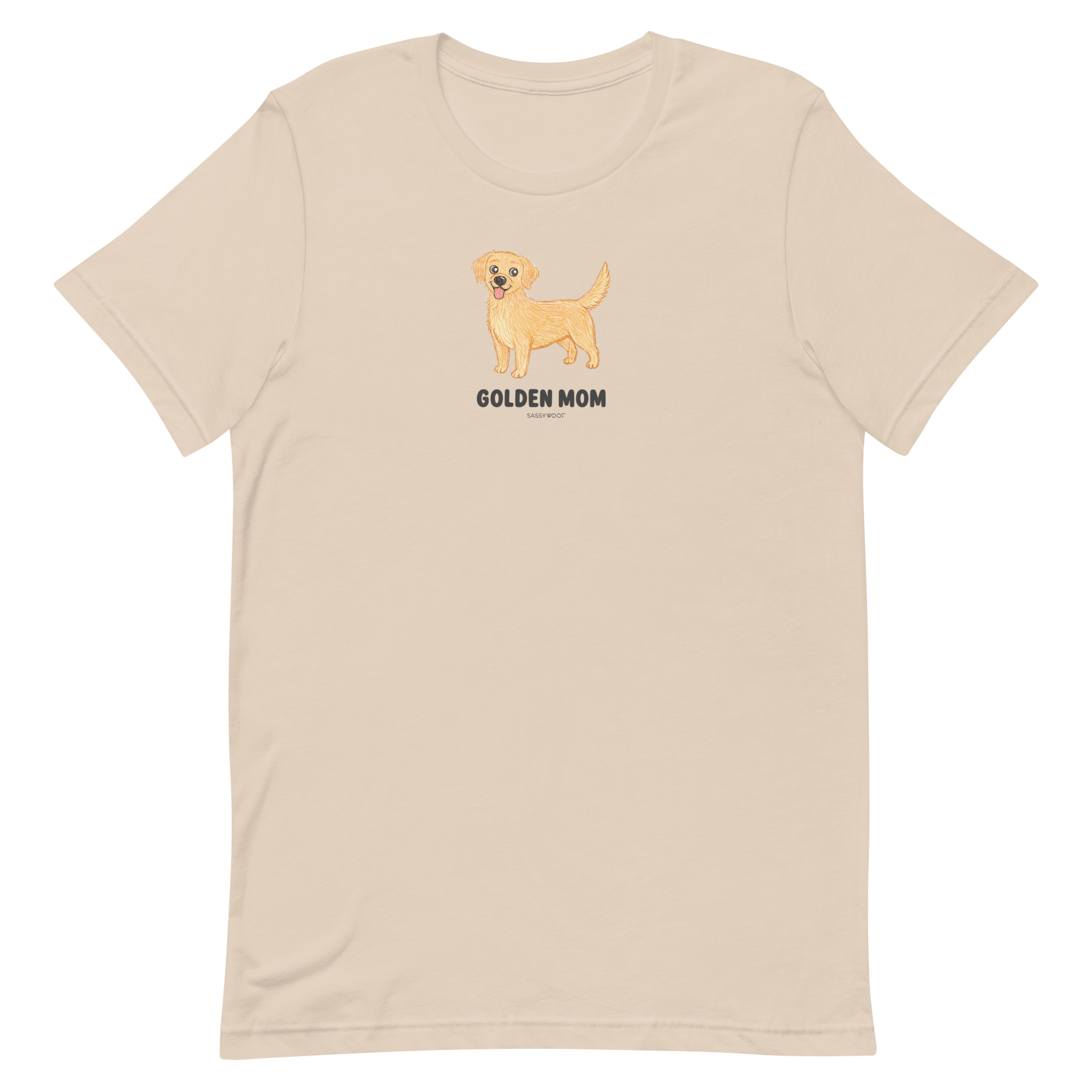 The Golden Mom Tee by Sassy Woof is a beige shirt with a golden retriever illustration and "GOLDEN MOM" text on the front. This unisex tee is perfect for proud pet parents and makes a great gift for golden retriever lovers.