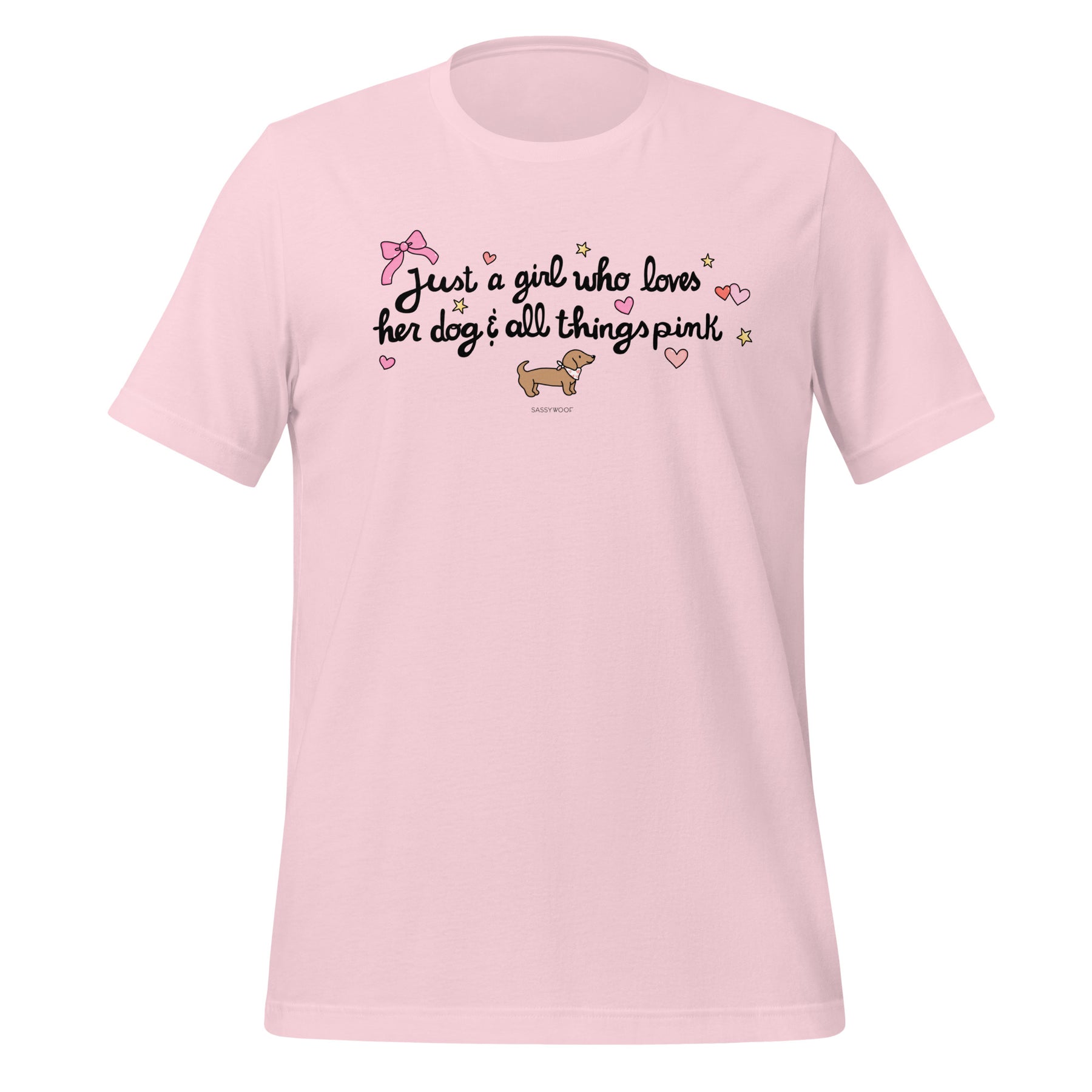 The Sassy Woof Just A Girl Tee is a light pink, soft, lightweight t-shirt featuring “Just a girl who loves her dog & all things pink” with cute designs and a cartoon dachshund. Made from comfy combed ring-spun cotton.