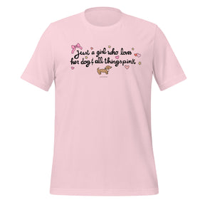 The Sassy Woof Just A Girl Tee is a light pink, soft, lightweight t-shirt featuring “Just a girl who loves her dog & all things pink” with cute designs and a cartoon dachshund. Made from comfy combed ring-spun cotton.