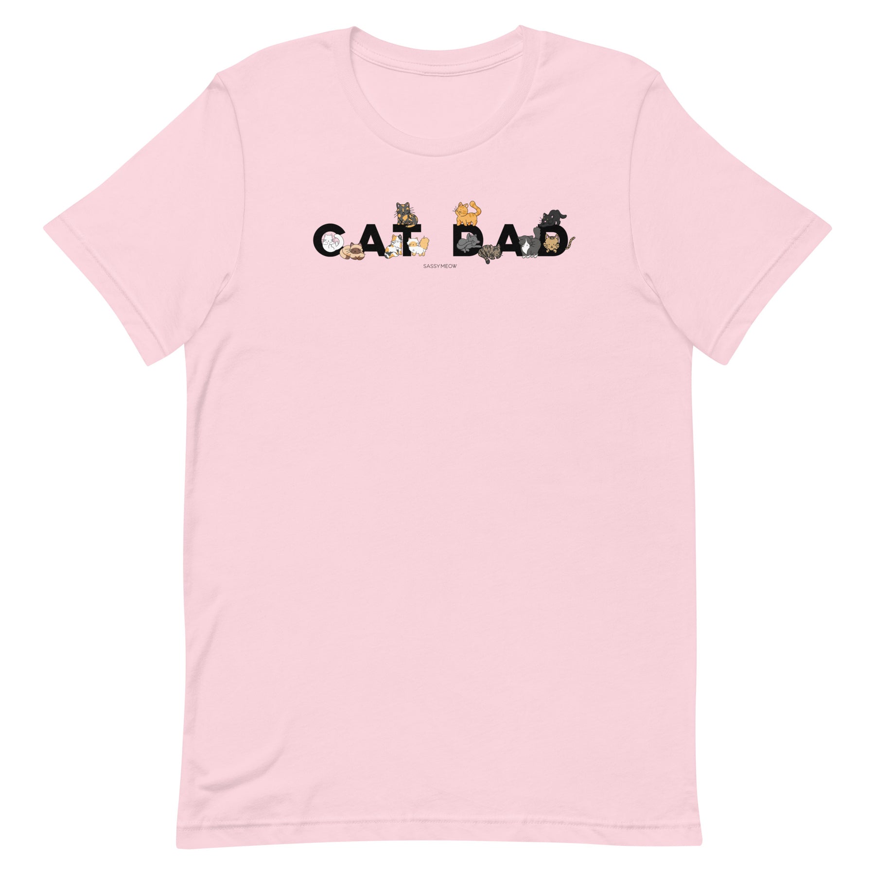 The Sassy Woof Cat Dad Tee is a light pink, 100% cotton unisex t-shirt featuring the words CAT DAD across the chest, with each letter adorned by illustrations of playful cats in various colors and poses—perfect for any proud cat parent seeking both comfort and style.