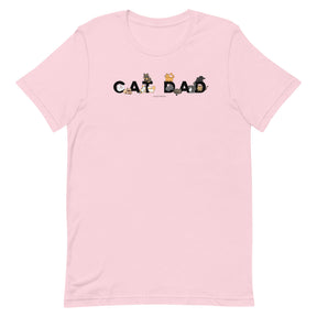 The Sassy Woof Cat Dad Tee is a light pink, 100% cotton unisex t-shirt featuring the words CAT DAD across the chest, with each letter adorned by illustrations of playful cats in various colors and poses—perfect for any proud cat parent seeking both comfort and style.