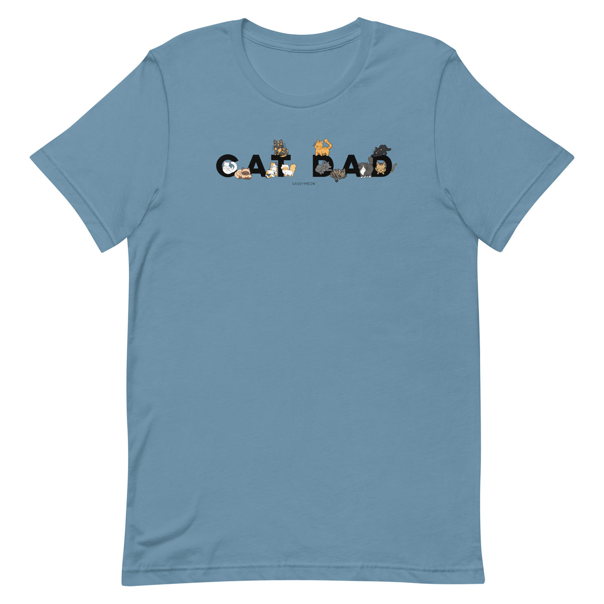 Show your feline pride with the Cat Dad Tee by Sassy Woof! This blue unisex t-shirt features “CAT DAD” on the front, with each letter creatively illustrated by cats in different colors and playful poses. Made from 100% cotton, this shirt offers all-day comfort and style for every cat lover.