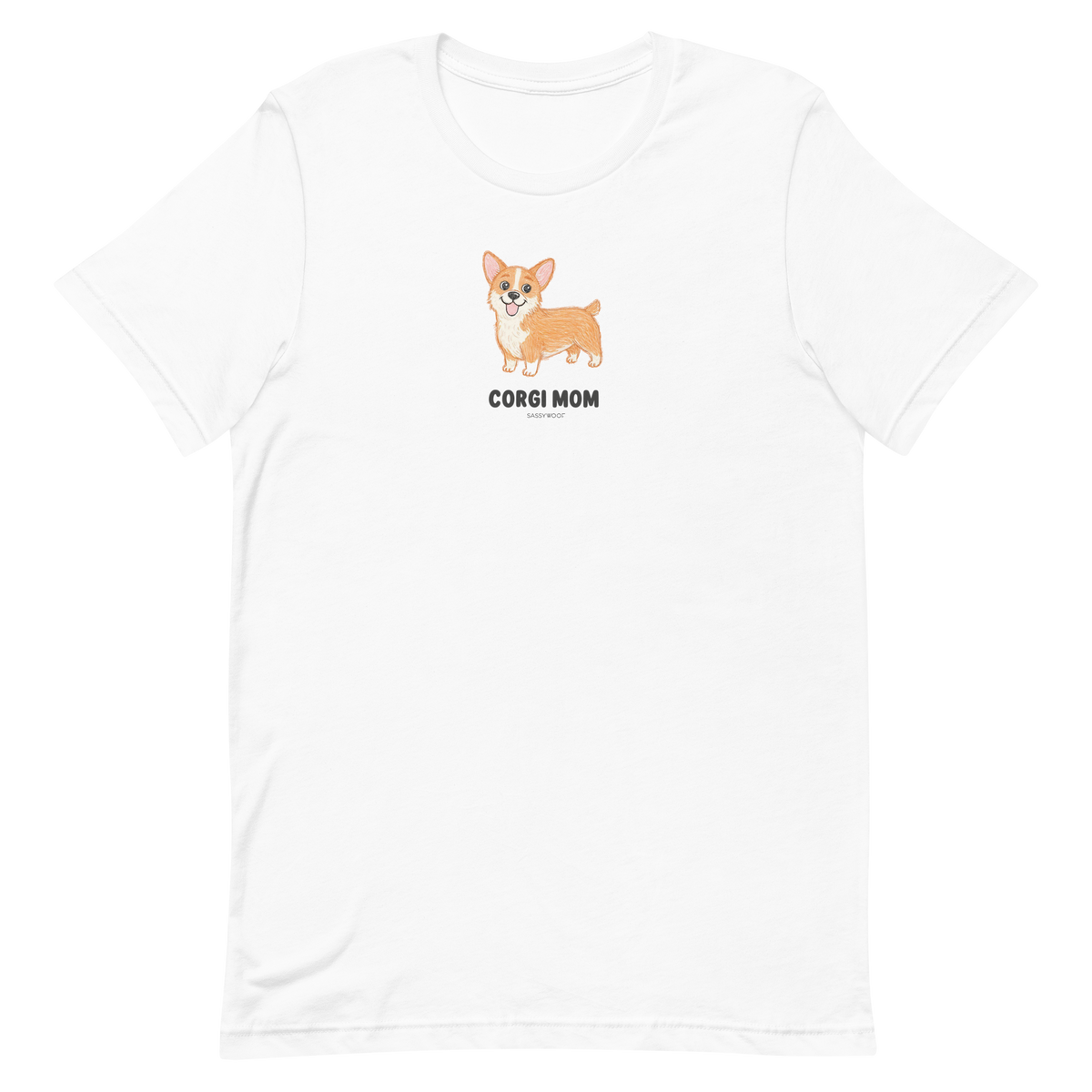 The Sassy Woof Corgi Mom Tee features a cute brown corgi illustration above bold “CORGI MOM” text, making it the perfect t-shirt for proud pet lovers.