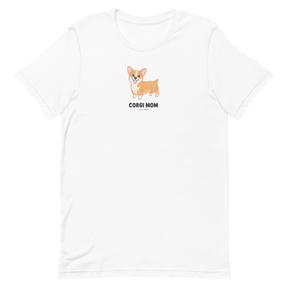 The Sassy Woof Corgi Mom Tee features a cute brown corgi illustration above bold “CORGI MOM” text, making it the perfect t-shirt for proud pet lovers.