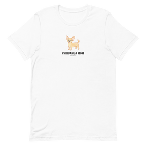 The Chihuahua Mom Tee by Sassy Woof features a cute light brown chihuahua illustration above the bold "CHIHUAHUA MOM" text.