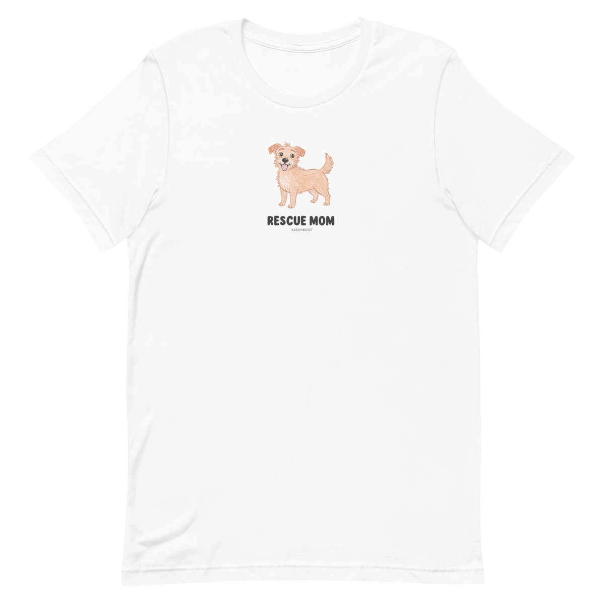 The Sassy Woof Rescue Mom Tee is a white unisex cotton shirt with a tan dog illustration above bold "RESCUE MOM" text, centered on the chest—perfect for proud pet lovers.