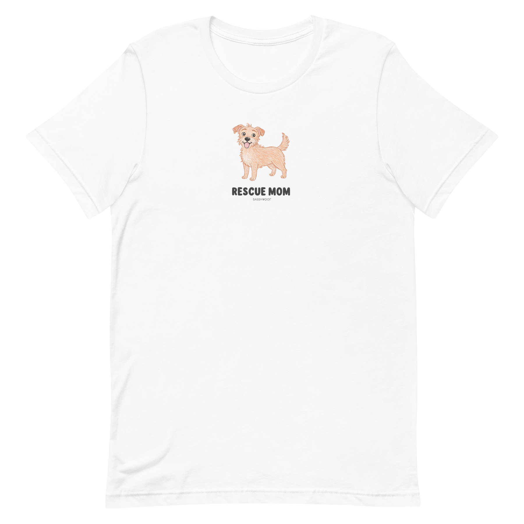 The Sassy Woof Rescue Mom Tee is a white unisex cotton shirt with a tan dog illustration above bold "RESCUE MOM" text, centered on the chest—perfect for proud pet lovers.