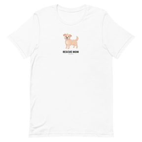 The Sassy Woof Rescue Mom Tee is a white unisex cotton shirt with a tan dog illustration above bold "RESCUE MOM" text, centered on the chest—perfect for proud pet lovers.