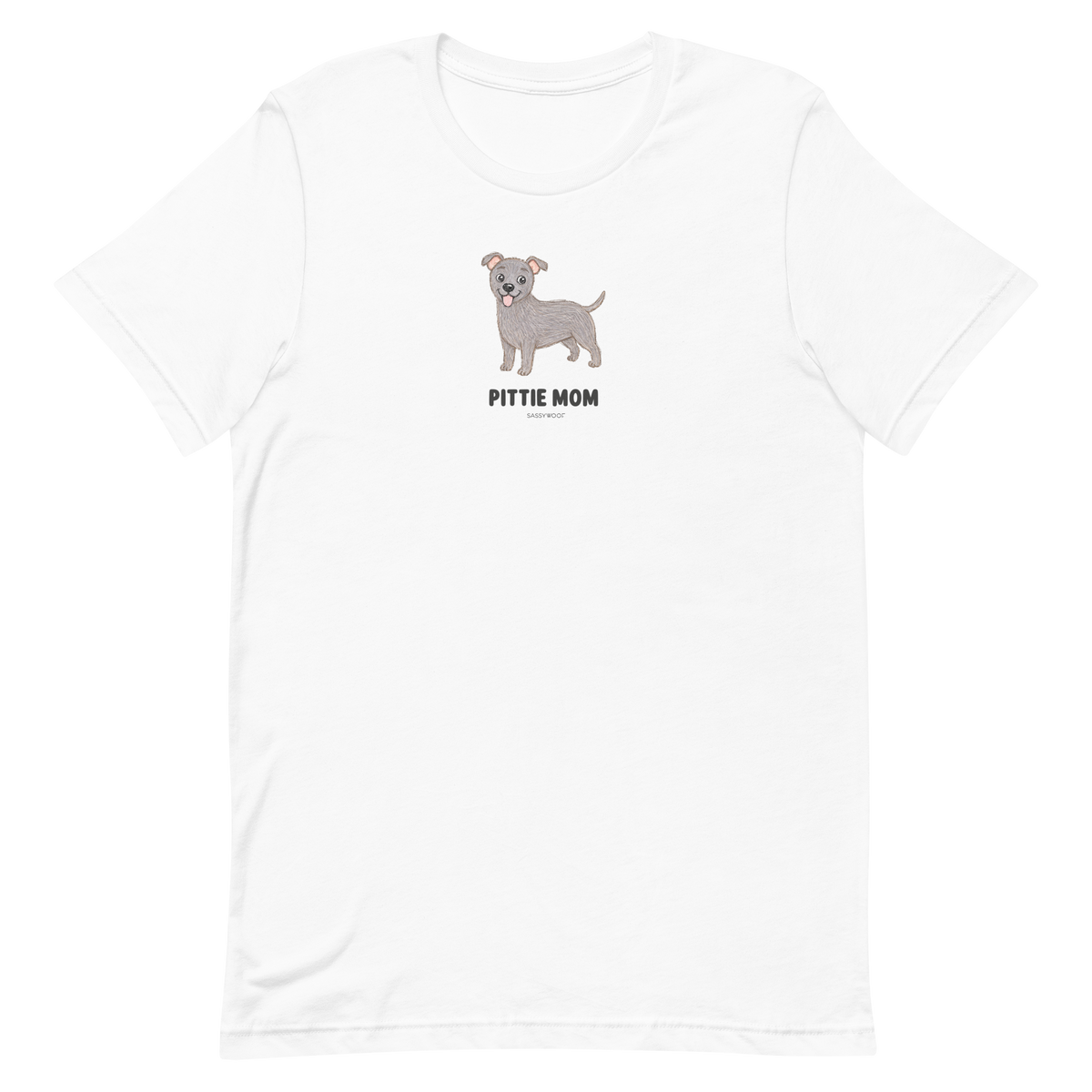 The Pittie Mom Tee by Sassy Woof features a cartoon gray pit bull above bold "PITTIE MOM" text, centered on the chest. This unisex shirt is perfect for proud pitbull moms and dog lovers alike.