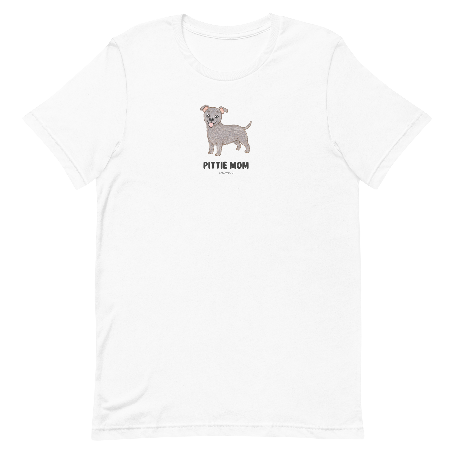 The Pittie Mom Tee by Sassy Woof features a cartoon gray pit bull above bold "PITTIE MOM" text, centered on the chest. This unisex shirt is perfect for proud pitbull moms and dog lovers alike.