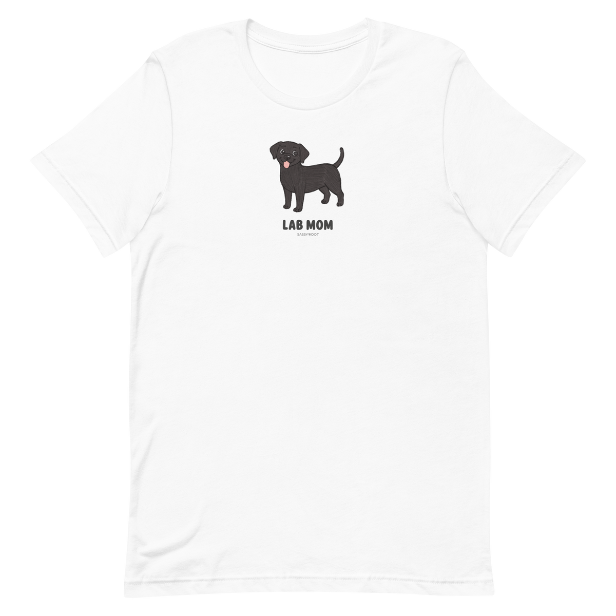 The Sassy Woof Lab Mom Tee is a unisex shirt featuring a cartoon black Labrador above bold "LAB MOM" text, centered on the chest—perfect for proud pup parents.