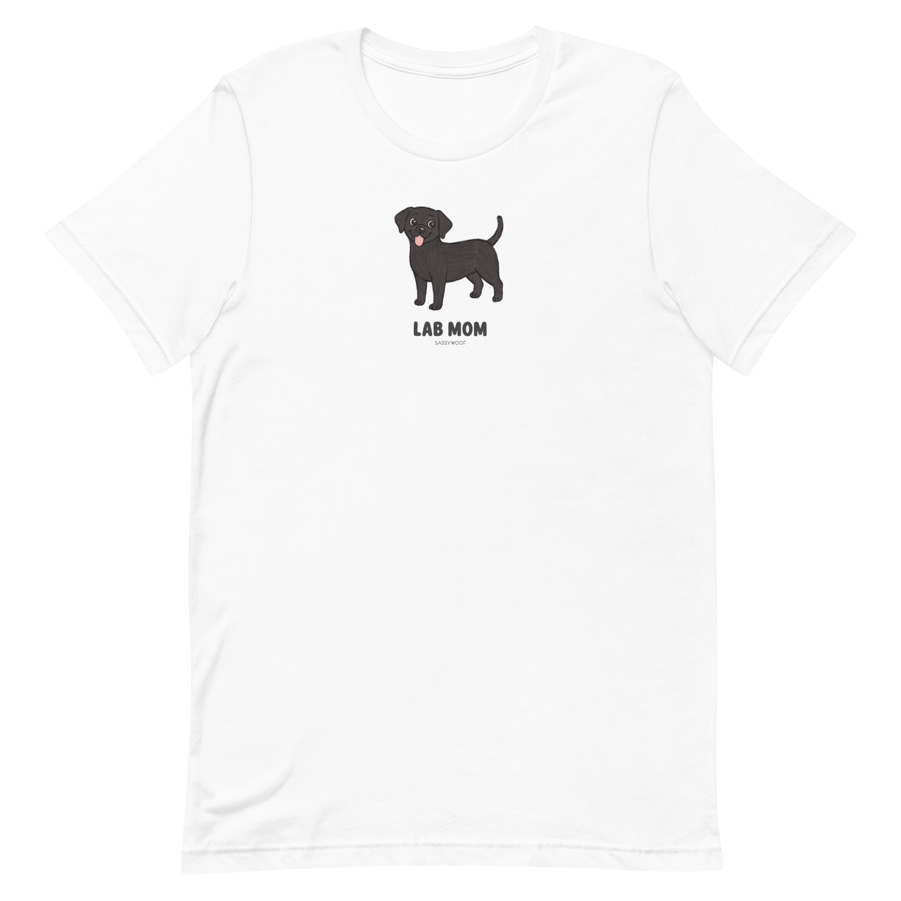 The Sassy Woof Lab Mom Tee is a unisex shirt featuring a cartoon black Labrador above bold "LAB MOM" text, centered on the chest—perfect for proud pup parents.
