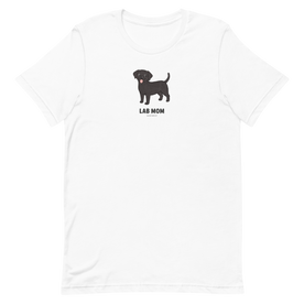 The Sassy Woof Lab Mom Tee is a unisex shirt featuring a cartoon black Labrador above bold "LAB MOM" text, centered on the chest—perfect for proud pup parents.