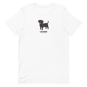The Sassy Woof Lab Mom Tee is a unisex shirt featuring a cartoon black Labrador above bold "LAB MOM" text, centered on the chest—perfect for proud pup parents.