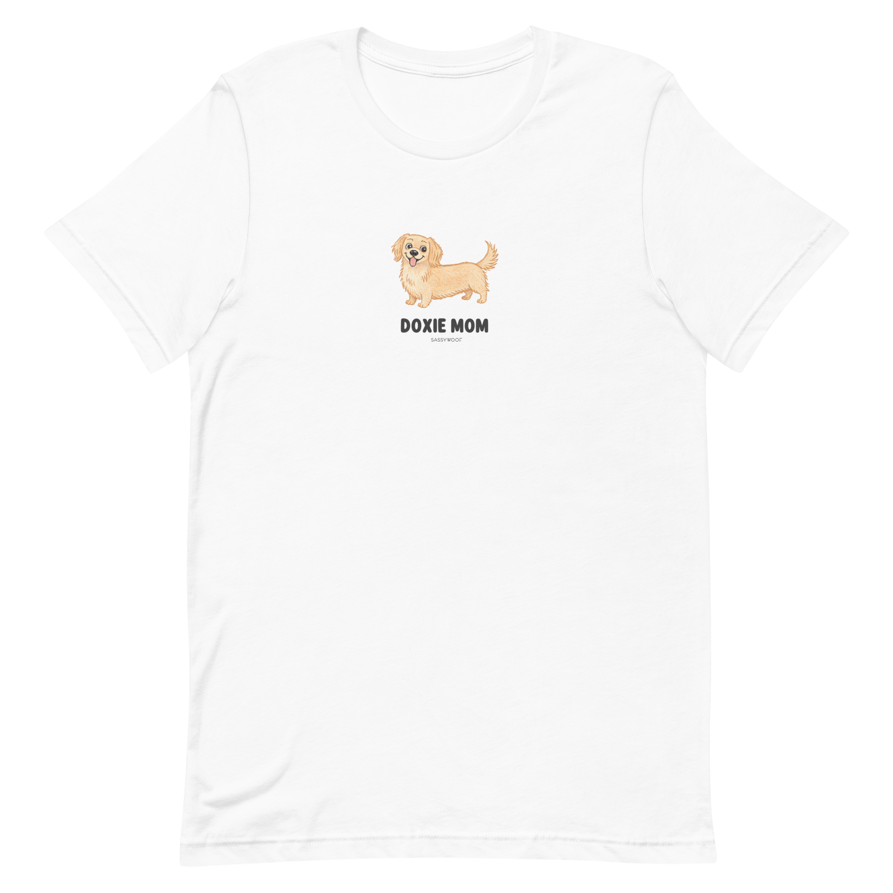 The Sassy Woof Doxie Mom Tee features a cartoon tan dachshund above bold black text, centered on the chest. This unisex shirt is perfect for dachshund moms who want to show their love for their favorite breed in style.