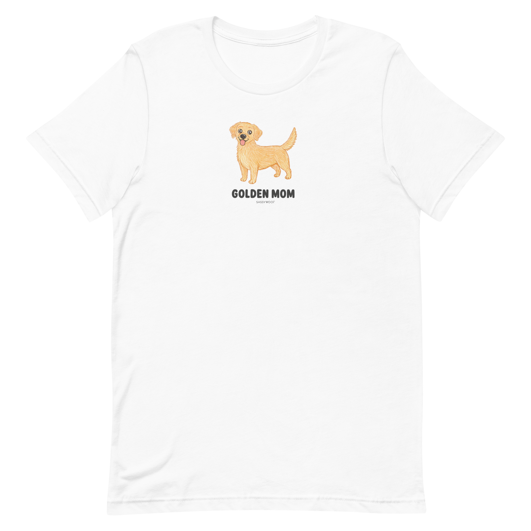 The Sassy Woof Golden Mom Tee is a white unisex dog shirt with a golden retriever illustration and bold "GOLDEN MOM" text—perfect for Golden Retriever fans.