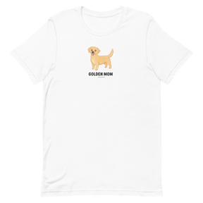 The Sassy Woof Golden Mom Tee is a white unisex dog shirt with a golden retriever illustration and bold "GOLDEN MOM" text—perfect for Golden Retriever fans.