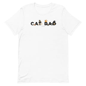 Introducing the Cat Dad Tee by Sassy Woof—a white unisex t-shirt crafted from 100% cotton for maximum comfort. The chest features “CAT DAD” spelled out in playful feline poses and colors, making it the ideal shirt for any proud cat enthusiast.