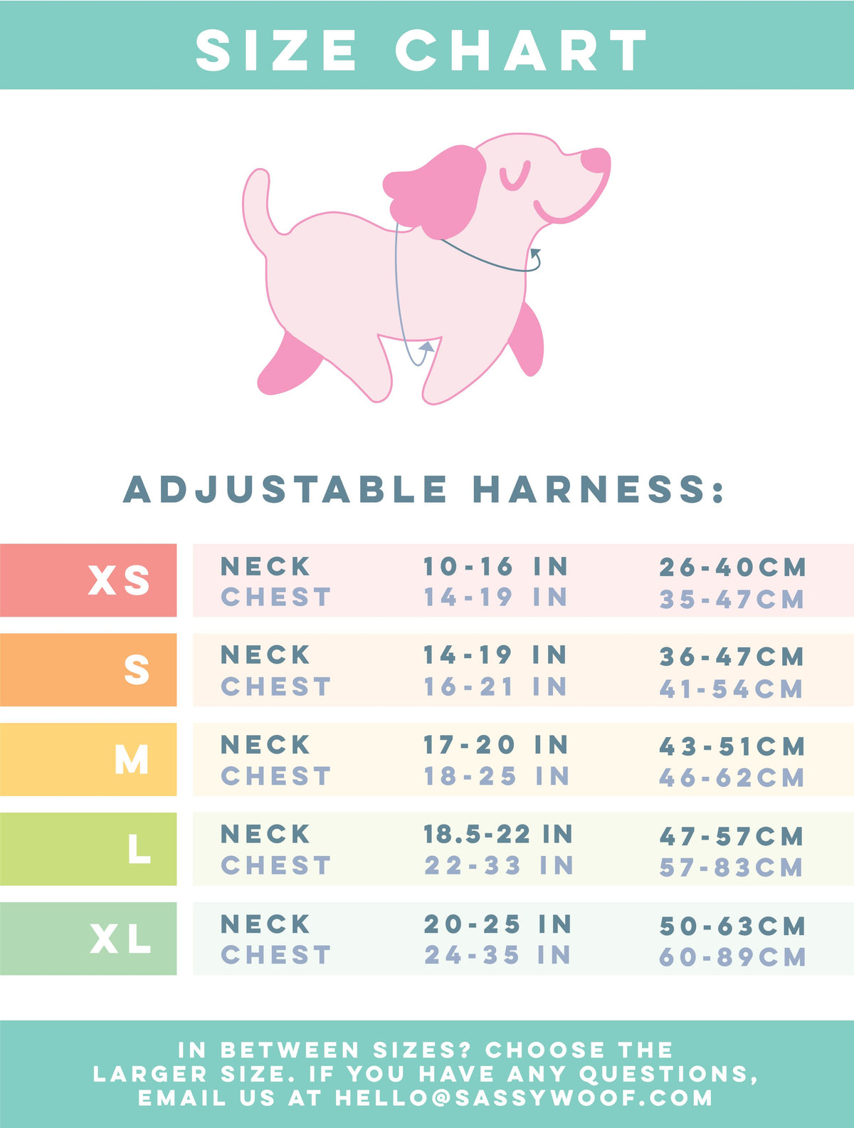 Size chart for Sassy Woof’s Dog Adjustable Harness – Lil Boo Thing, showing neck and chest measurements for sizes XS to XL. A pink cartoon dog at the top models the festive ghost-themed harness. Contact information is included at the bottom for any questions.