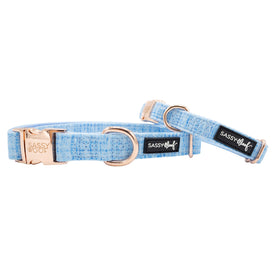Two Sassy Woof "Blumond" dog collars in light blue with rose gold hardware are shown on a white background.