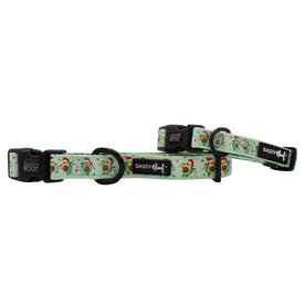 The Sassy Woof Dog Collar - Jingle Bell Guac features a mint green taco and cacti design, black buckle, and adjustable fit—festive Christmas accessory for playful pups from the Jingle Bell Guac Collection.