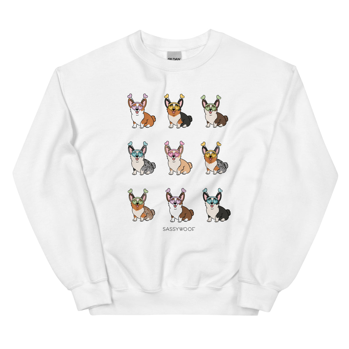 The Sassy Woof "Valentine's Corgis" sweatshirt showcases nine corgis in bunny ears across three rows, with "SASSY WOOF" printed below—a fun unisex choice for dog lovers.