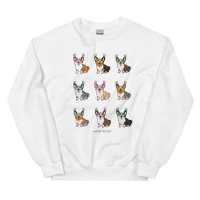 The Sassy Woof "Valentine's Corgis" sweatshirt showcases nine corgis in bunny ears across three rows, with "SASSY WOOF" printed below—a fun unisex choice for dog lovers.